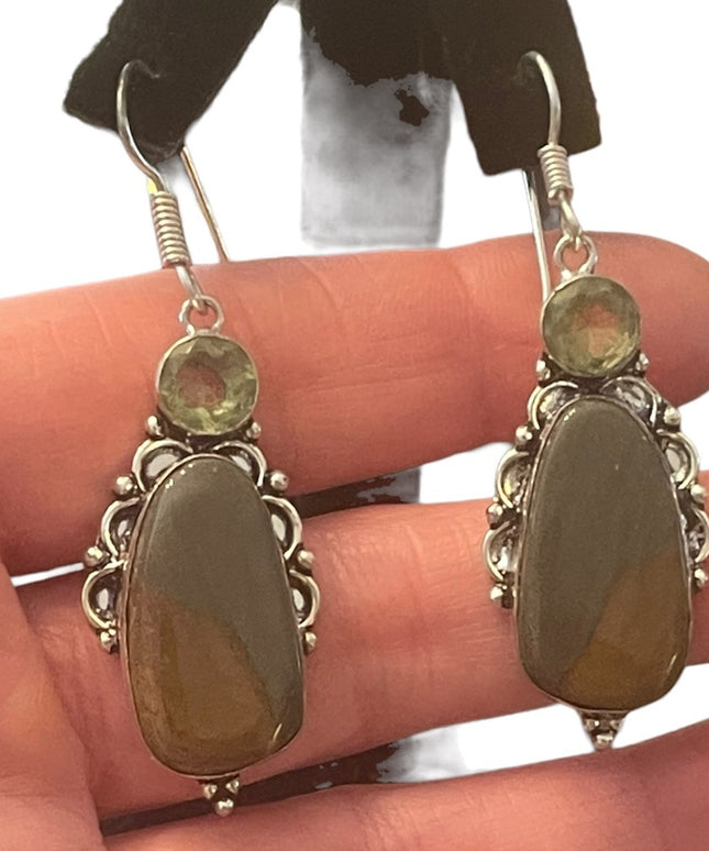 Silver finish Indonesian glass & stone dangle earrings