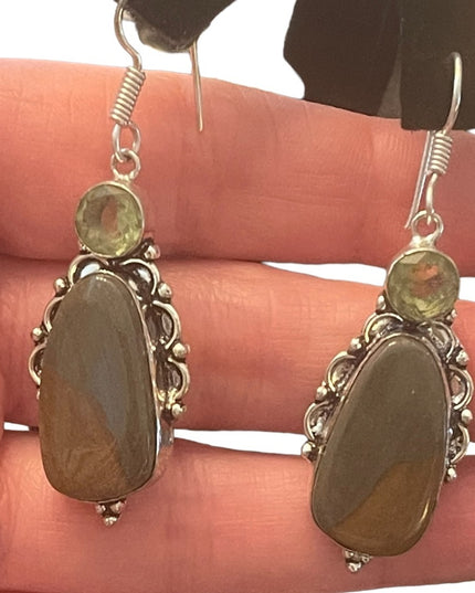 Silver finish Indonesian glass & stone dangle earrings