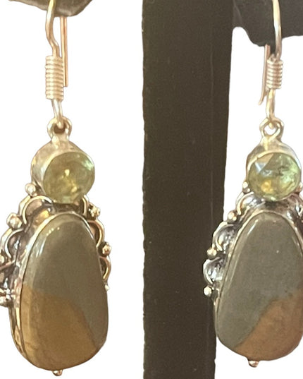 Silver finish Indonesian glass & stone dangle earrings
