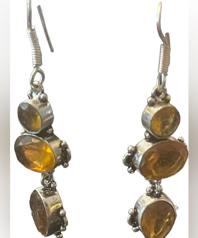 Silver finish Citrine GLASS fancy Indonesian dangle earrings