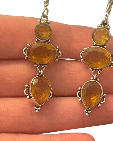 Silver finish Citrine GLASS fancy Indonesian dangle earrings