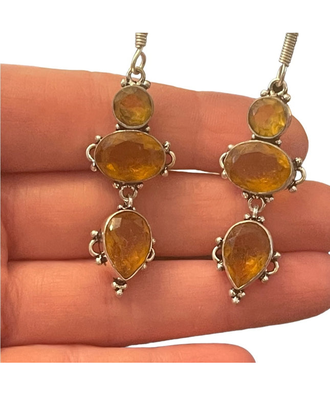 Silver finish Citrine GLASS fancy Indonesian dangle earrings