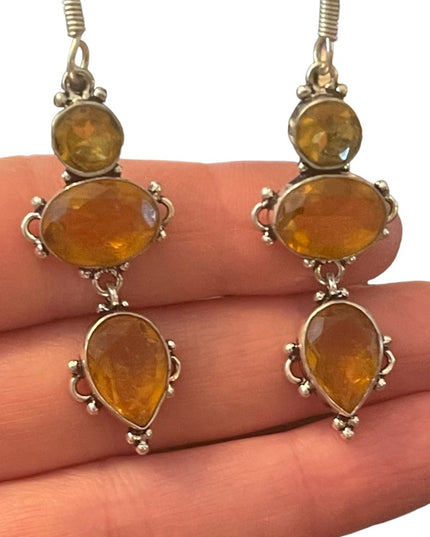 Silver finish Citrine GLASS fancy Indonesian dangle earrings