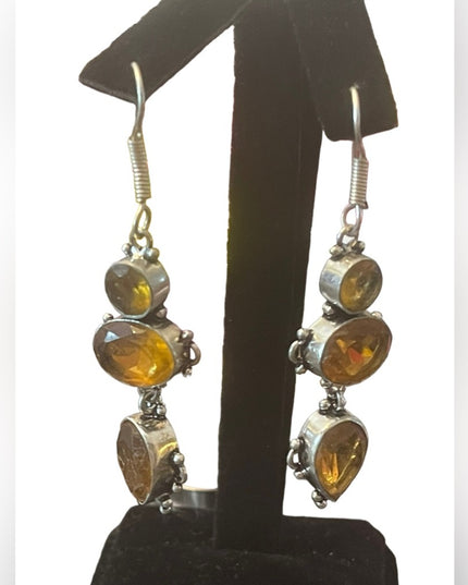 Silver finish Citrine GLASS fancy Indonesian dangle earrings