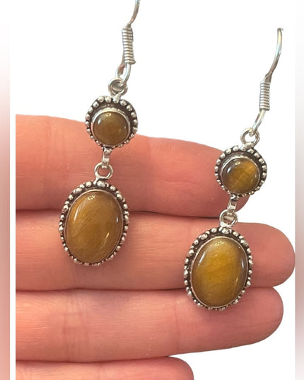 Silver finish Tiger eye GLASS Indonesian Dangle earrings