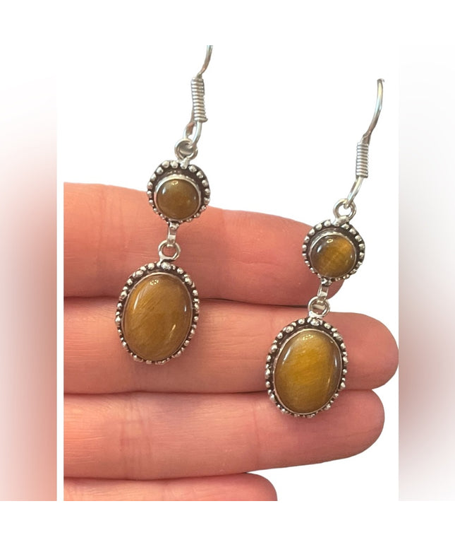 Silver finish Tiger eye GLASS Indonesian Dangle earrings