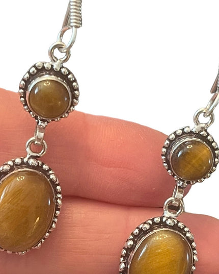 Silver finish Tiger eye GLASS Indonesian Dangle earrings
