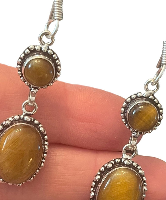 Silver finish Tiger eye GLASS Indonesian Dangle earrings