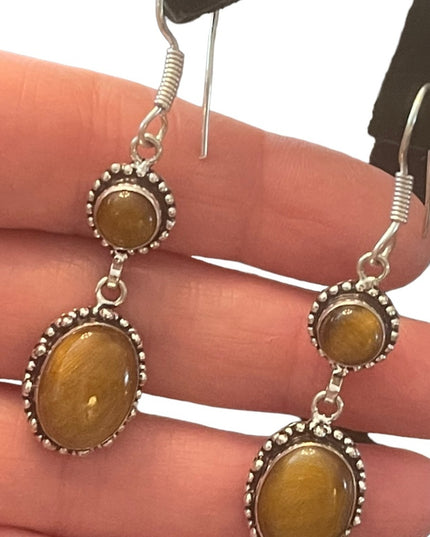 Silver finish Tiger eye GLASS Indonesian Dangle earrings