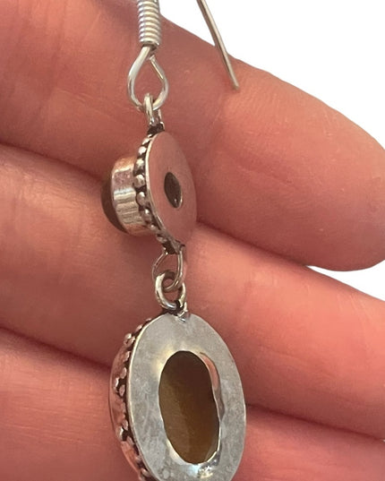 Silver finish Tiger eye GLASS Indonesian Dangle earrings