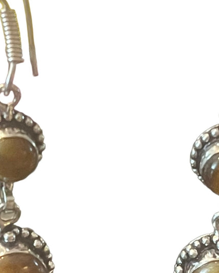 Silver finish Tiger eye GLASS Indonesian Dangle earrings