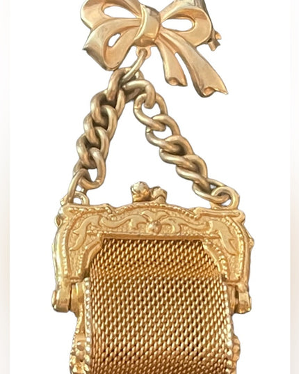 Lovely gold finish bow hanging purse brooch vintage