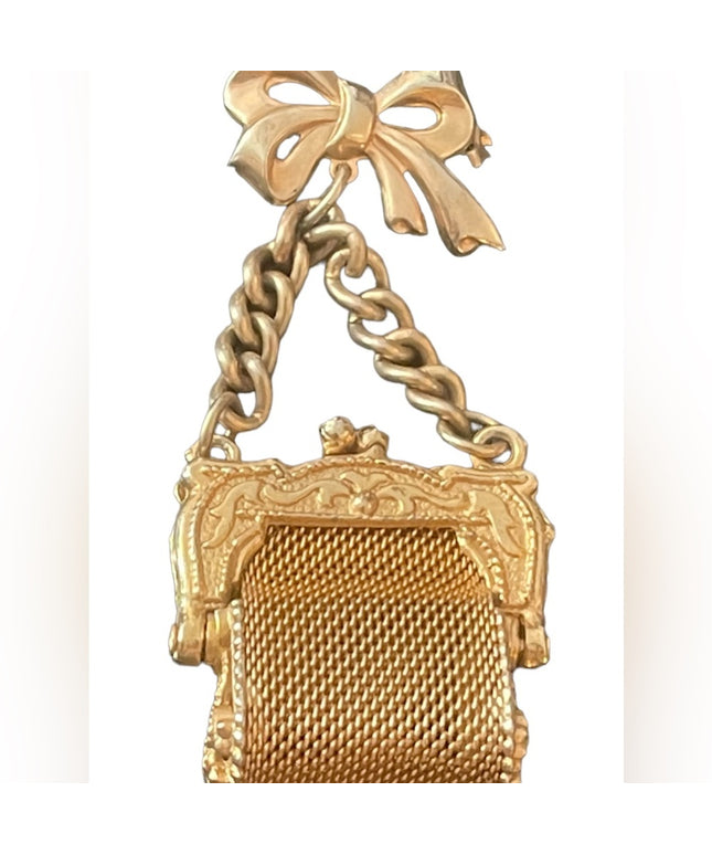Lovely gold finish bow hanging purse brooch vintage