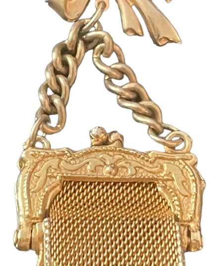 Lovely gold finish bow hanging purse brooch vintage