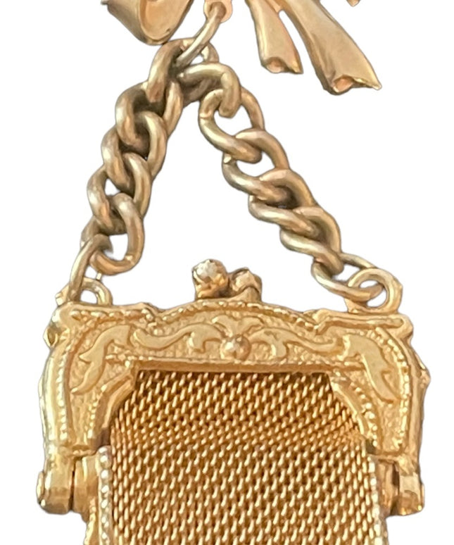 Lovely gold finish bow hanging purse brooch vintage