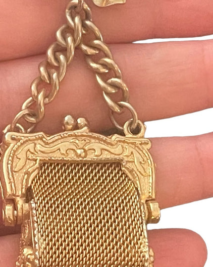 Lovely gold finish bow hanging purse brooch vintage