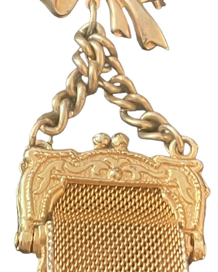 Lovely gold finish bow hanging purse brooch vintage