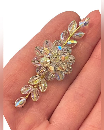 Vintage gold finish Fancy flower AB champagne crystal bar brooch