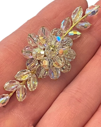 Vintage gold finish Fancy flower AB champagne crystal bar brooch
