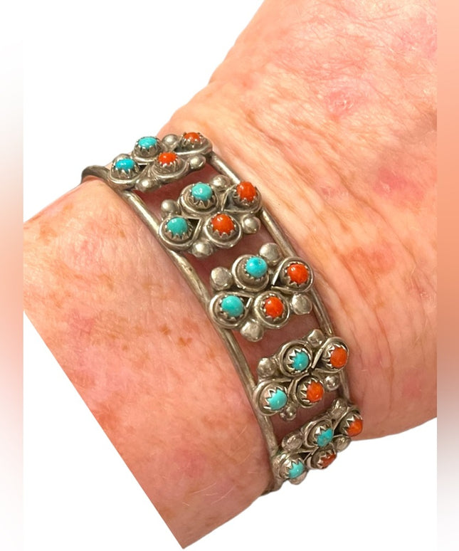 Vintage Native Southwestern Coral & Turquoise artisan handmade Bangle bracelet