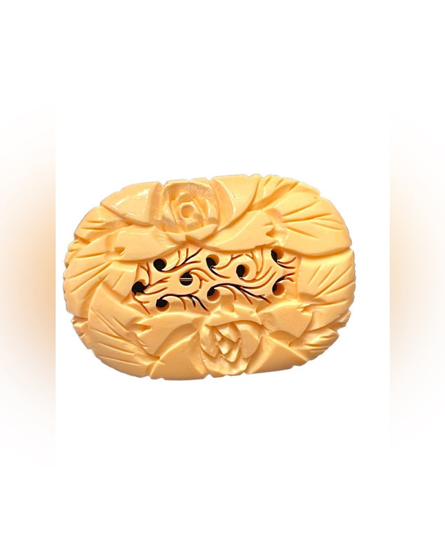 Vintage Japan Carved flower BONE brooch 1940s