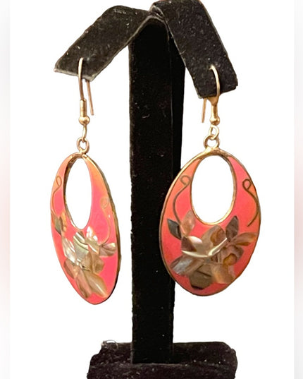 Vintage 1980s Mexico Alpaca pink Enameled abalone inlay earrings dangle