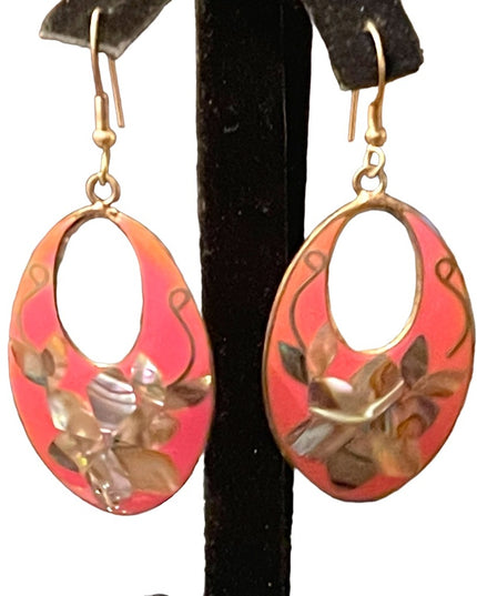 Vintage 1980s Mexico Alpaca pink Enameled abalone inlay earrings dangle