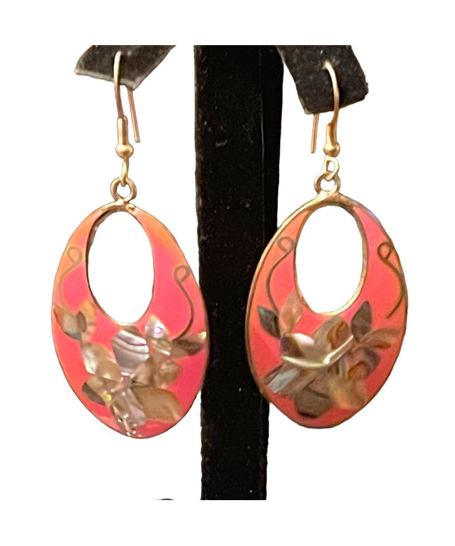 Vintage 1980s Mexico Alpaca pink Enameled abalone inlay earrings dangle