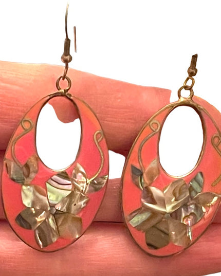 Vintage 1980s Mexico Alpaca pink Enameled abalone inlay earrings dangle