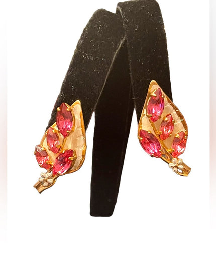 Vintage 1960s gold finish white & pink crystal rhinestone clip on earrings