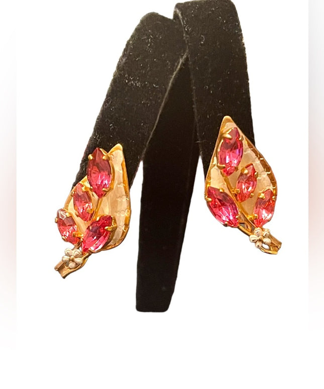 Vintage 1960s gold finish white & pink crystal rhinestone clip on earrings