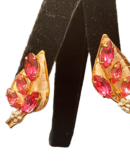 Vintage 1960s gold finish white & pink crystal rhinestone clip on earrings