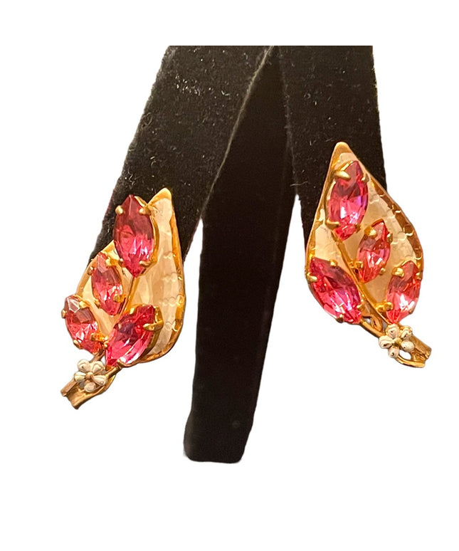 Vintage 1960s gold finish white & pink crystal rhinestone clip on earrings