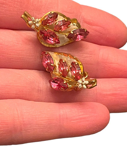 Vintage 1960s gold finish white & pink crystal rhinestone clip on earrings