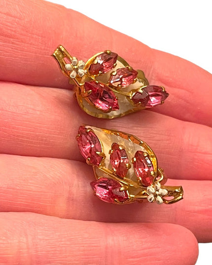 Vintage 1960s gold finish white & pink crystal rhinestone clip on earrings