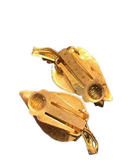 Vintage 1960s gold finish white & pink crystal rhinestone clip on earrings