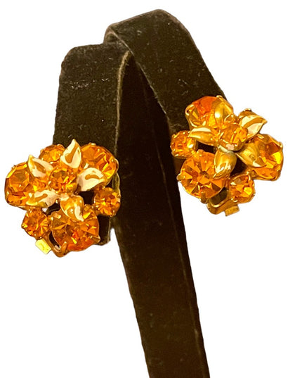 Vintage fancy Amber crystal flower clip on earrings gold finish