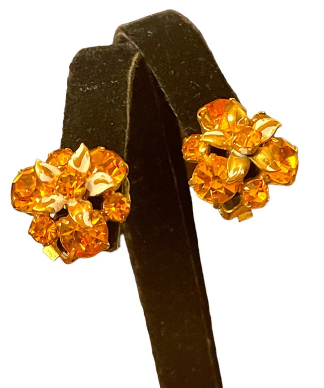 Vintage fancy Amber crystal flower clip on earrings gold finish