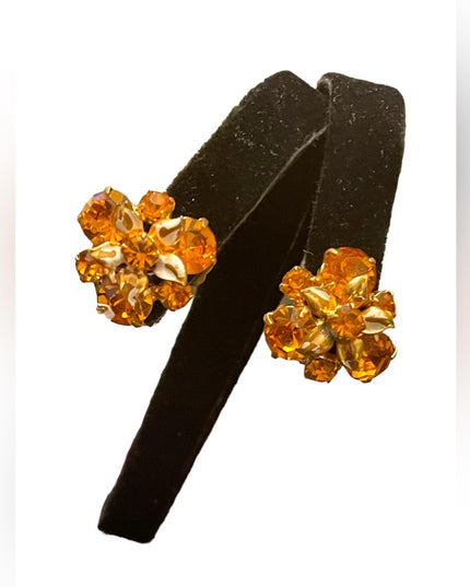 Vintage fancy Amber crystal flower clip on earrings gold finish