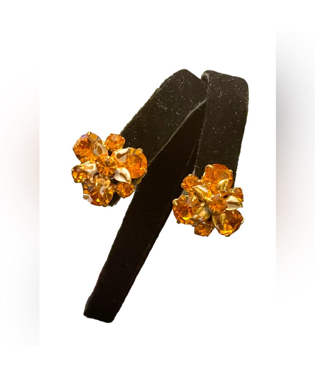 Vintage fancy Amber crystal flower clip on earrings gold finish