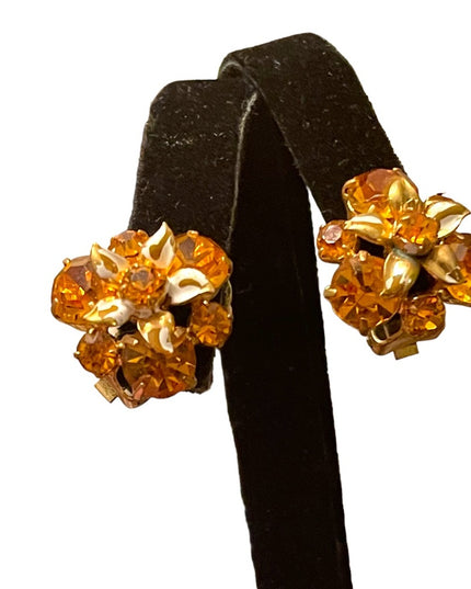 Vintage fancy Amber crystal flower clip on earrings gold finish