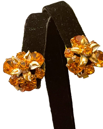 Vintage fancy Amber crystal flower clip on earrings gold finish