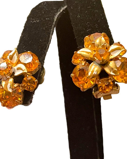 Vintage fancy Amber crystal flower clip on earrings gold finish