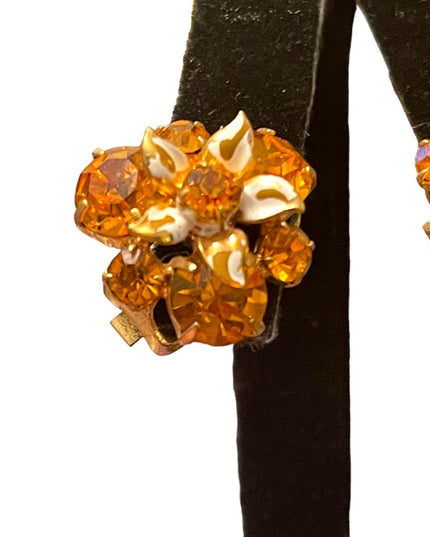 Vintage fancy Amber crystal flower clip on earrings gold finish