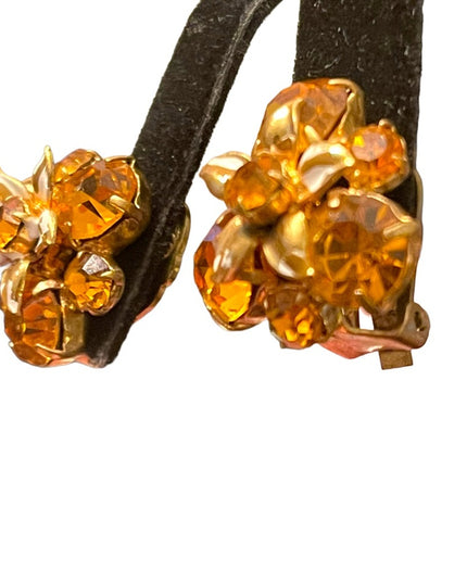 Vintage fancy Amber crystal flower clip on earrings gold finish