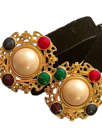Vintage faux pearl fancy enameled gold finish chunky earrings