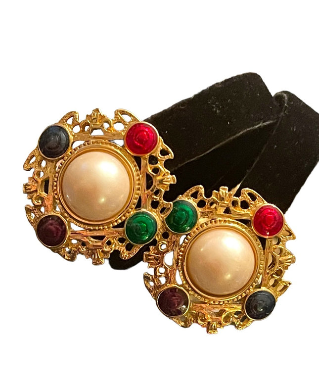 Vintage faux pearl fancy enameled gold finish chunky earrings