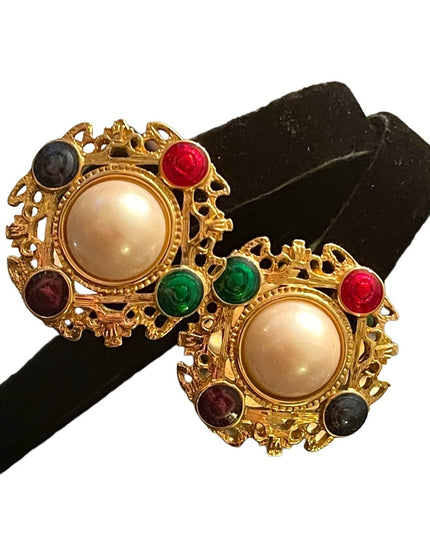 Vintage faux pearl fancy enameled gold finish chunky earrings