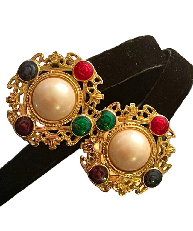 Vintage faux pearl fancy enameled gold finish chunky earrings