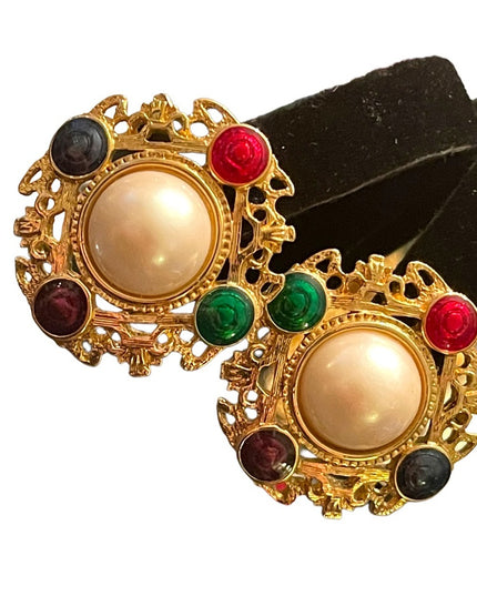 Vintage faux pearl fancy enameled gold finish chunky earrings
